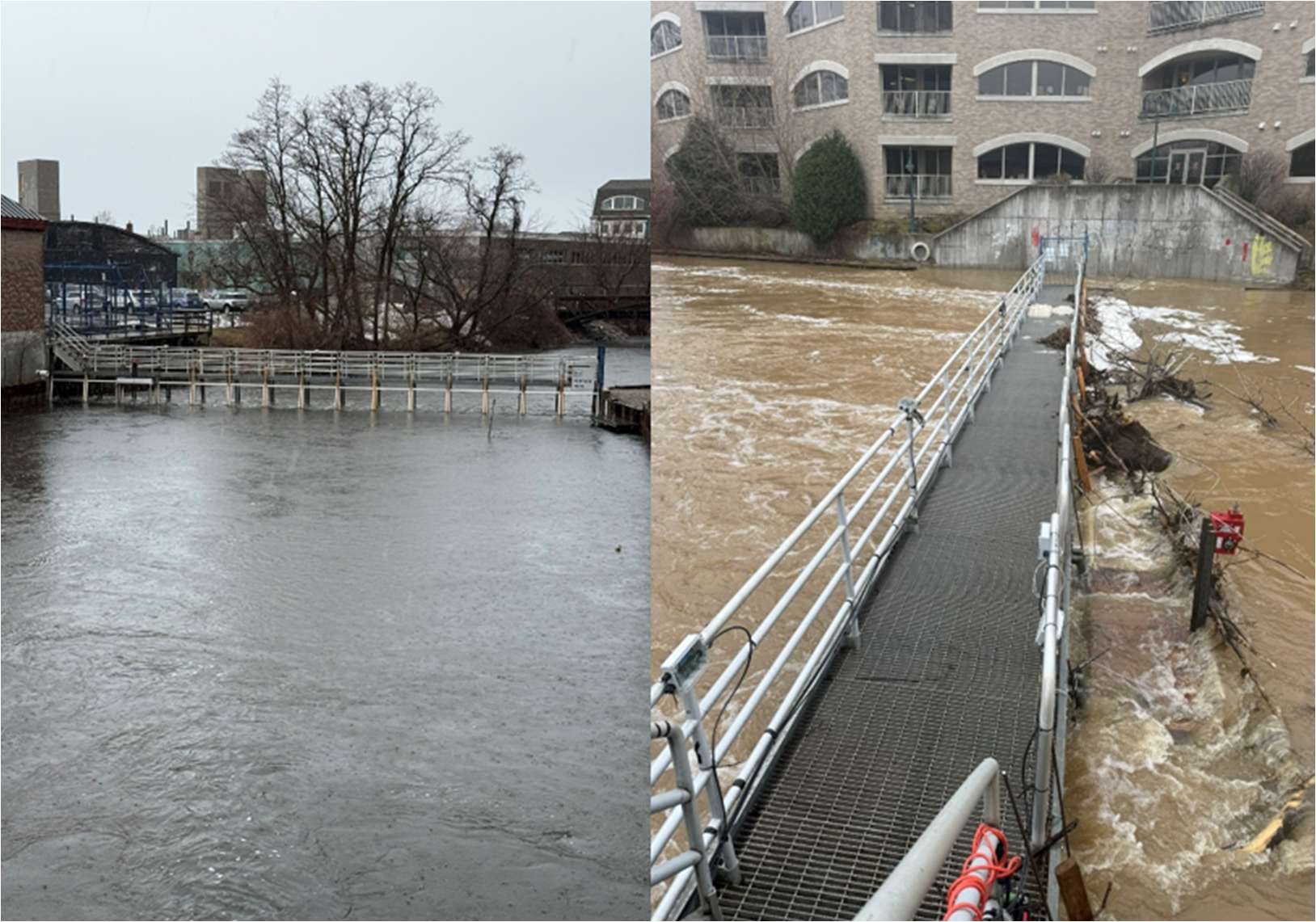 Side-by-side photos of high water/flooding along a river walkway. Left: calm, high, murky river water submerging a walkway railing near buildings on an overcast day. Right: fast-moving, muddy brown floodwater with debris rushing alongside a metal footbridge next to a large building.