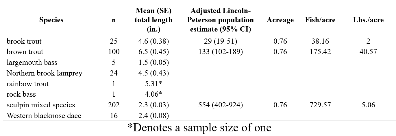 Data table summarizing fish species captured, including count, average length, and population estimates. The table lists 8 species such as brook trout, brown trout, and sculpin mixed species. Columns include species name, sample size (n), average total length in inches with standard error, adjusted Lincoln-Peterson population estimate with 95% confidence interval, acreage, fish per acre, and pounds per acre. A note below the table indicates that an asterisk denotes a sample size of one.